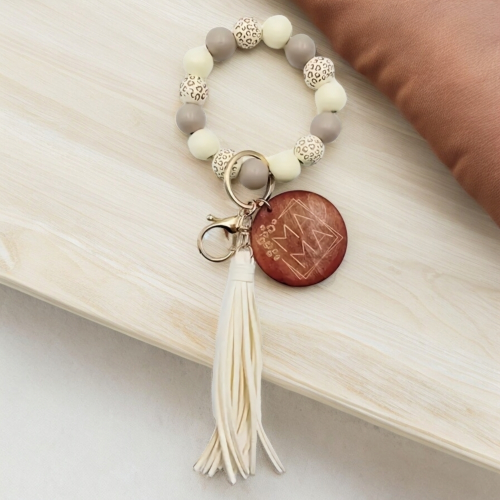 MAMA Beaded Wristlet Keychain With Tassel and Leopard Accents